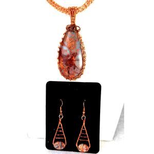 Copper +Plume/agate necklace set  dangle drop earrings EUC Viking knitwire woven